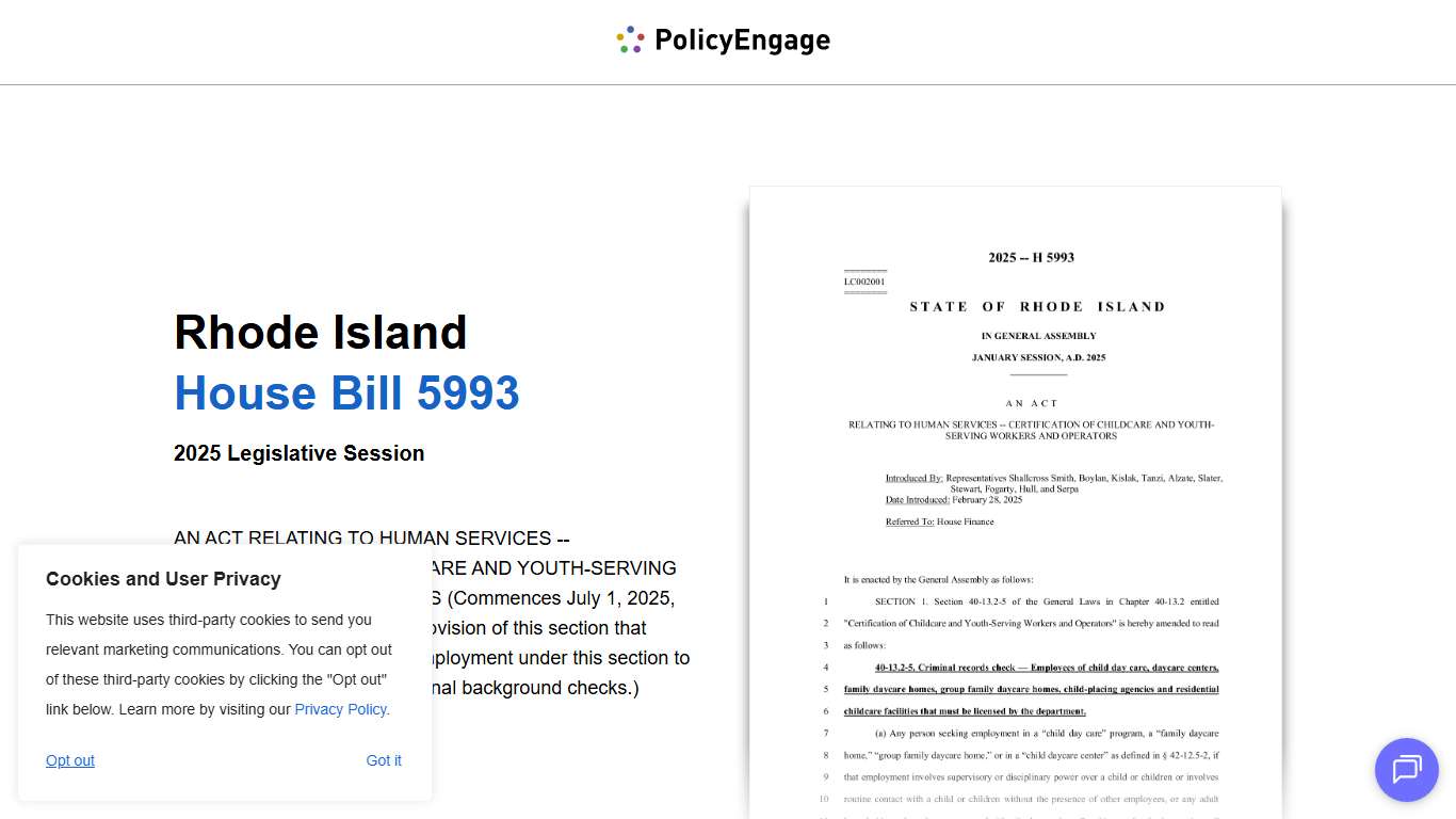 RI HB5993 Rhode Island House Bill 5993 2025 Legislative Session AN ACT RELATING TO HUMAN SERVICES -- CERTIFICATION OF CHILDCARE AND YOUTH-SERVING WORKERS AND OPERAT… PolicyEngage